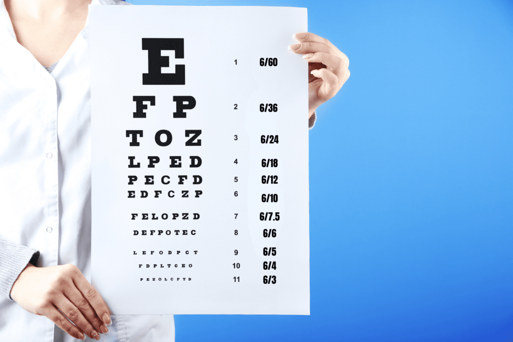 Person holding eye chart for vision testing