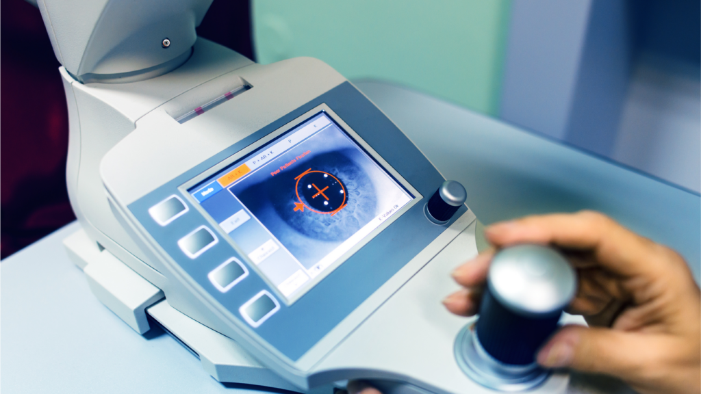 Diagnostic eye imaging equipment used during a laser vision assessment.