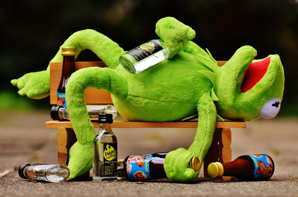 Kermit the frog with alcohol bottles all around him